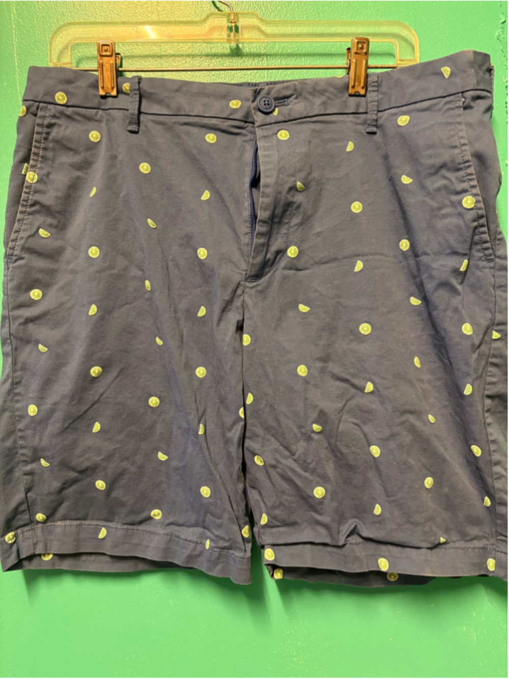 Men's IZOD Flat Front Shorts Size 34 Blue with Lime Print